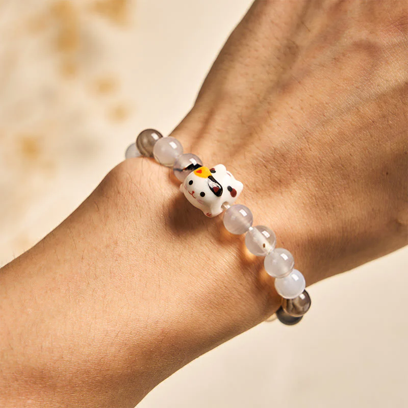 Buddha Stones Calico Cat Natural Agate Stone Ceramic Kitten Head Power Bracelet
