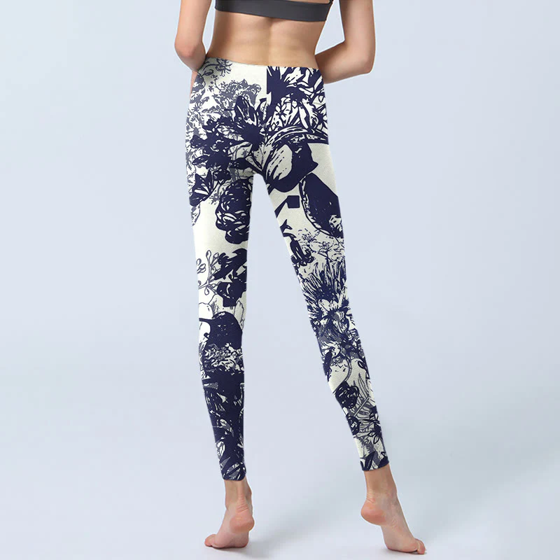 Buddha Stones White Stitching Flowers Leaves Birds Butterfly Pattern Print Gym Leggings Women's Yoga Pants
