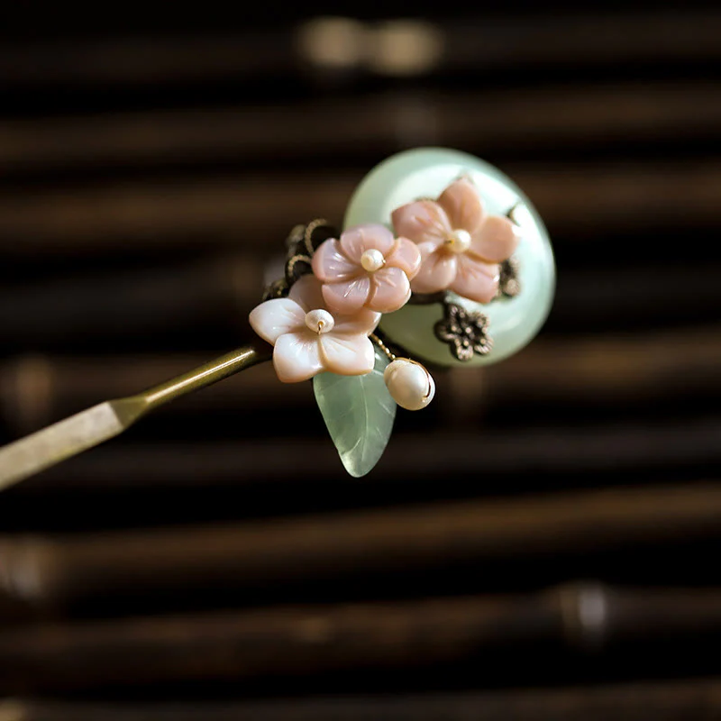 Buddha Stones Copper Jade Shell Flower Leaves Luck Hairpin