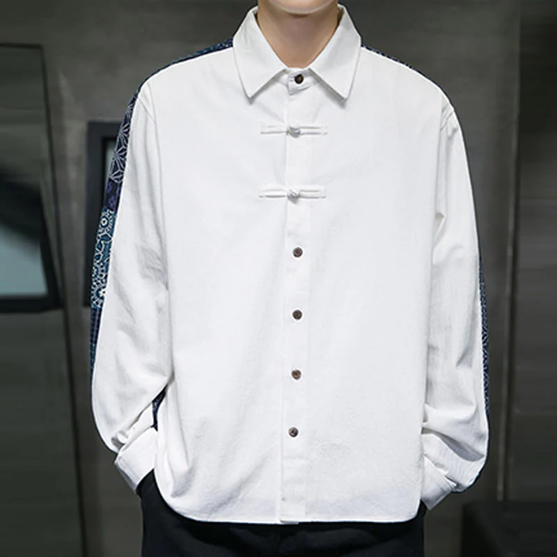 Buddha Stones Men's Flower Pattern Stitching Cotton Blend Long Sleeve Shirt