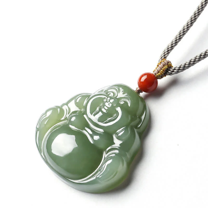 Buddha Stones Laughing Buddha Hetian Jade Abundance Necklace String Pendant