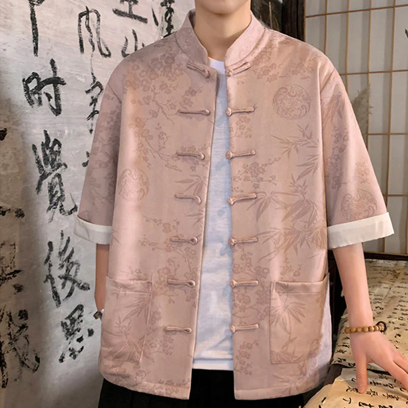 Buddha Stones Jacquard Bamboo Plum Bossom Pattern Chinese Frog-Button Design Men's Half Sleeve Cotton Shirt With Pockets