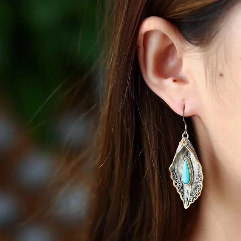 Buddha Stones 925 Sterling Silver Turquoise Bodhi Leaf Pattern Protection Drop Dangle Earrings