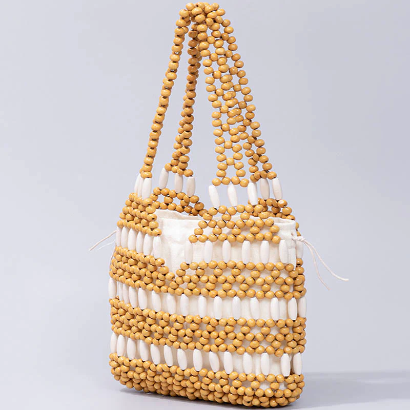 Buddha Stones Hand-woven Round Wooden Beads Handbag