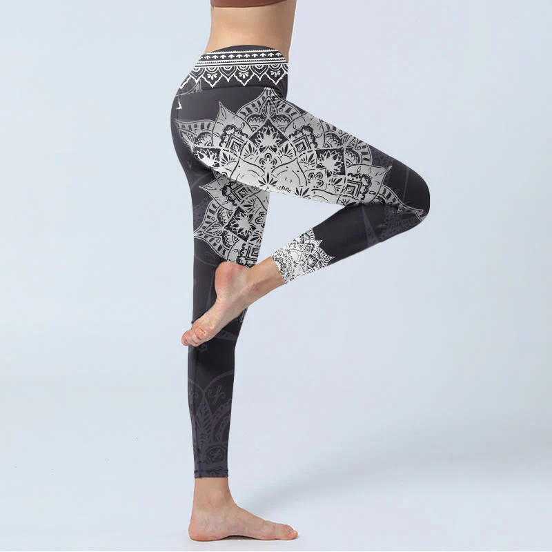 Buddha Stones Black Mandala Flowers Print Exercise Leggings Women's Yoga Pants