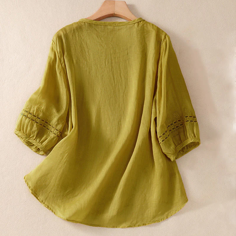 Buddha Stones Women's Crew Neck Hollow Design Half Sleeve Cotton Linen Shirt