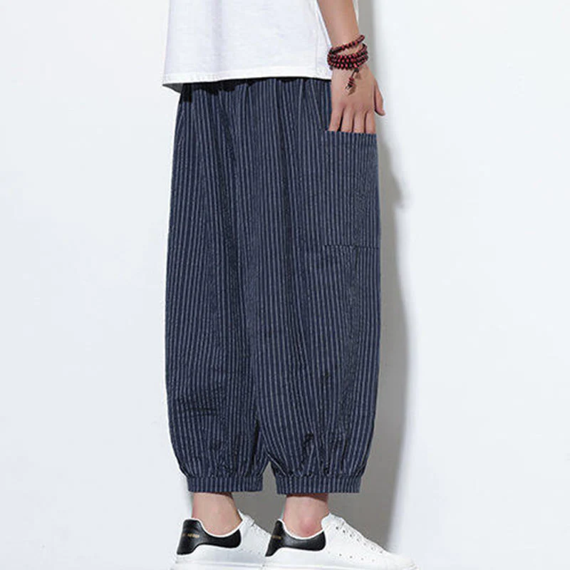 Buddha Stones Casual Striped Men's Cotton 7-8 Length Harem Pants With Pockets