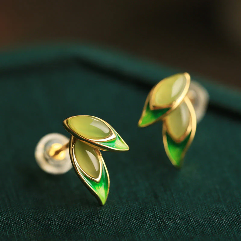 Buddha Stones 925 Sterling Silver Jade Leaf Prosperity Earrings