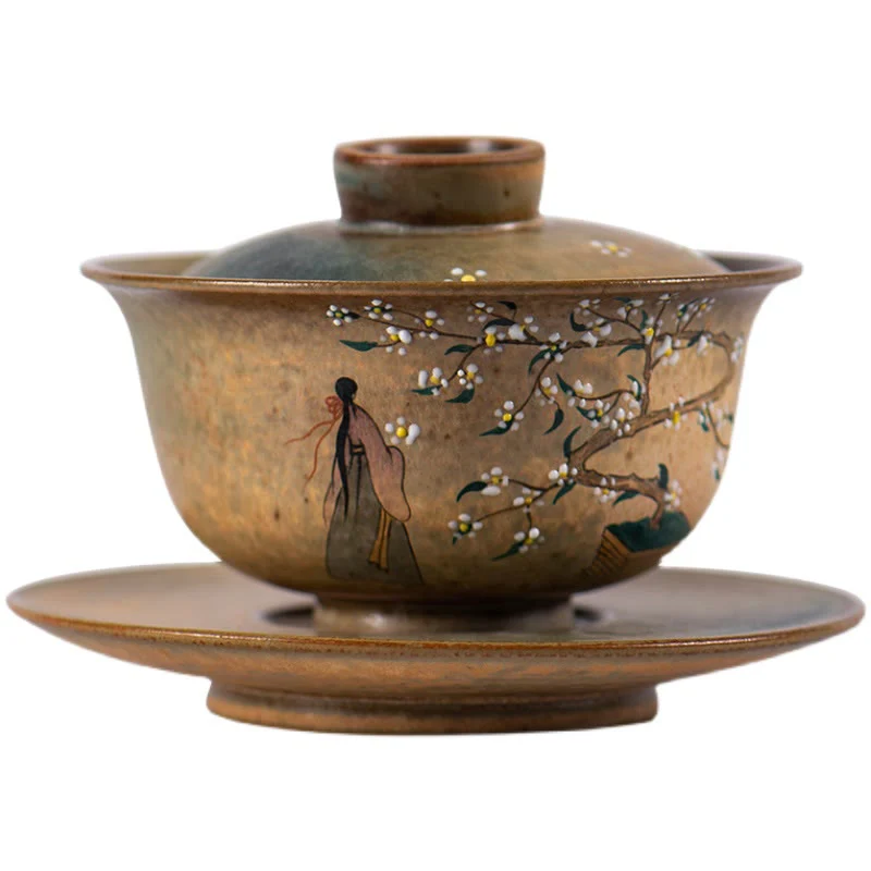 Buddha Stones Jingdezhen Hand Painted Ru Kiln Porcelain Hanfu Girl Flower Ceramic Gaiwan Sancai Teacup Kung Fu Tea Cup And Saucer With Lid