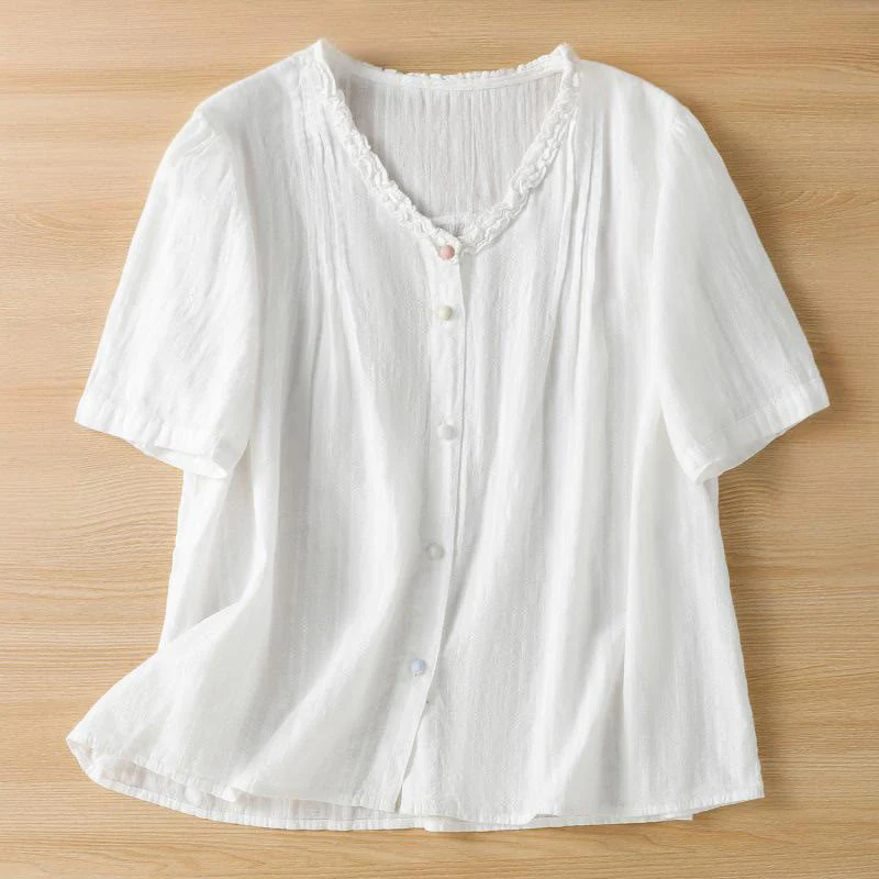 Buddha Stones Jacquard Pleated Ruffled Trim Design V-Neck Short Sleeve Women's Shirt