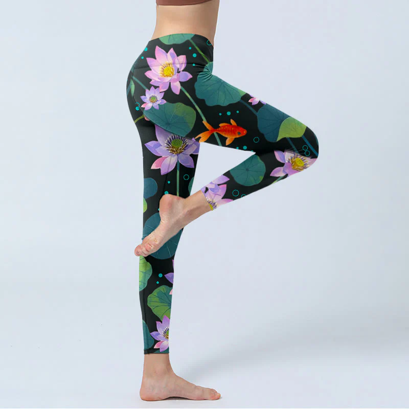 Buddha Stones Blooming Light Purple Lotus Flower Lotus Leaves Koi Fish Pattern Print Gym Leggings Women's Yoga Pants
