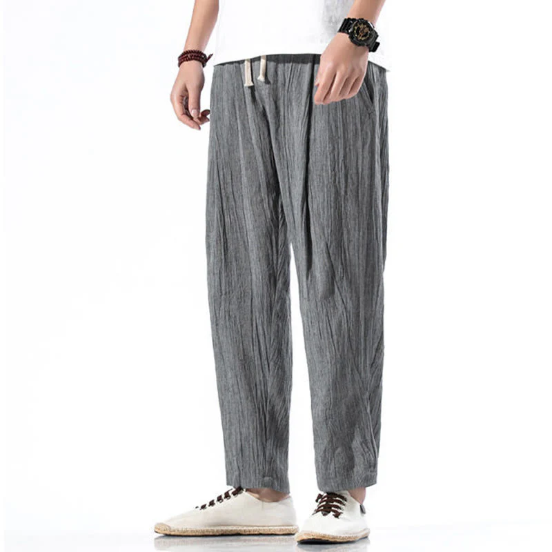 Buddha Stones Casual Plain Pleated Design Drawstring Men's Long Cotton Linen Harem Pants With Pockets
