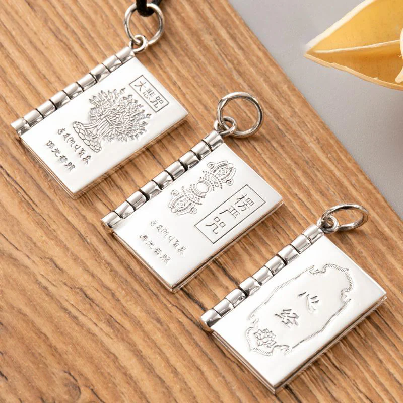 Buddha Stones 990 Sterling Silver Heart Sutra Great Compassion Shurangama Mantra Lotus Vajra Peace Necklace Pendant