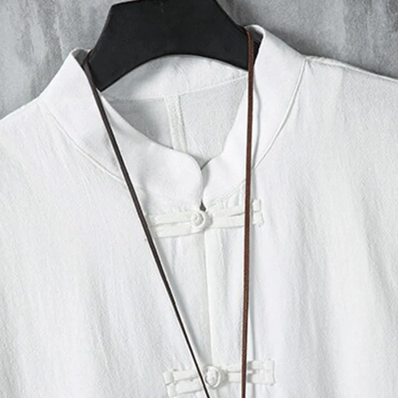 Buddha Stones Summer Plain Chinese Frog-button Patchwork Design Cotton Linen Men's Shirt Jacket
