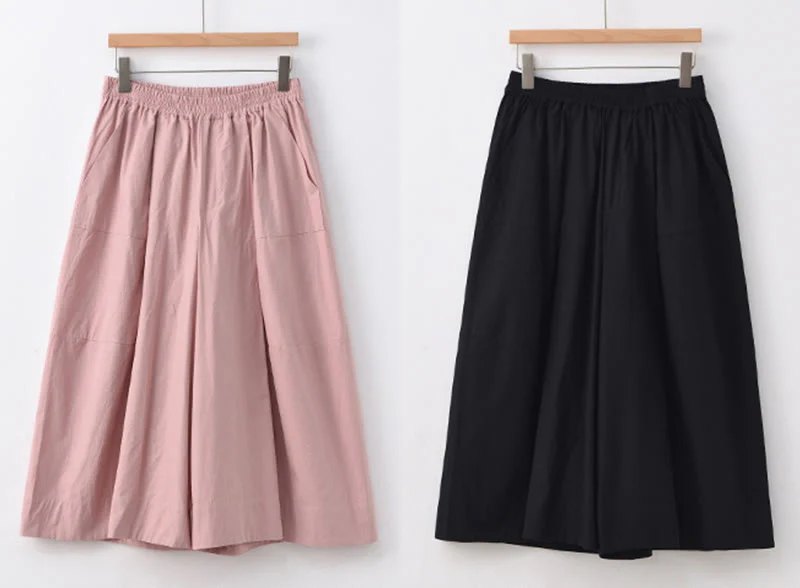 Buddha Stones Casual Plain Cotton High Waist Women's Wide Leg Capri Cropped Pants With Pockets