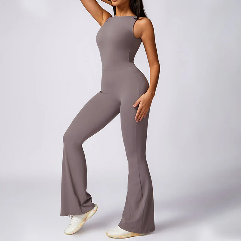 Buddha Stones Women Casual Sleeveless Jumpsuit Flare Pants Sports Fitness Yoga Bodysuit