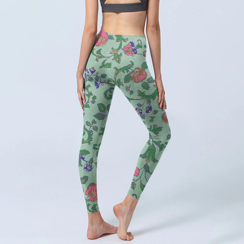 Buddha Stones Green Red Roses Green Leaves Print Gym Leggings Women's Yoga Pants