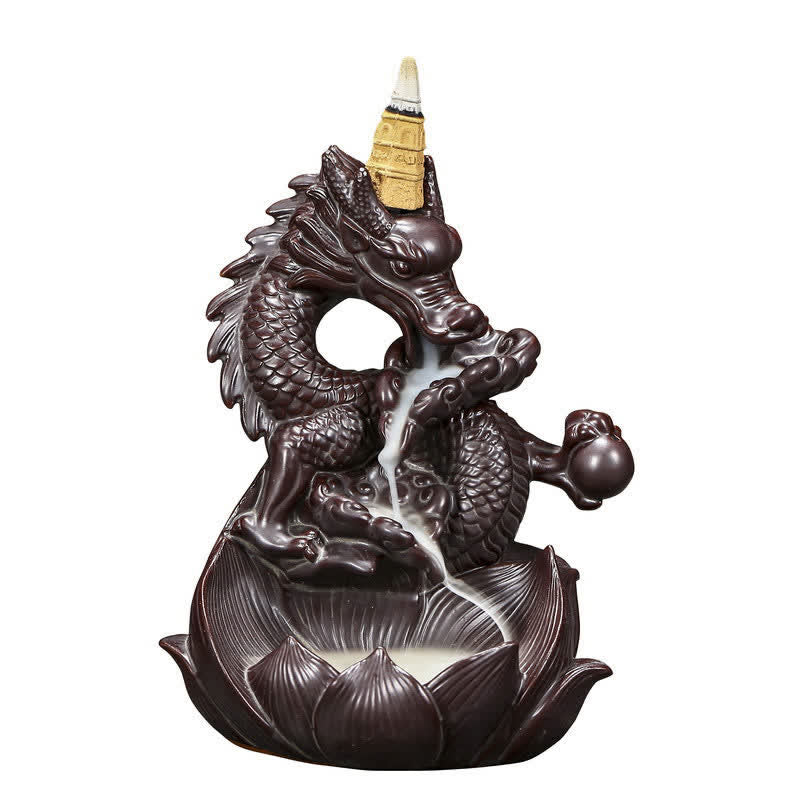 Buddha Stones Dragon Lotus Pattern Strength Protection Ceramic Incense Burner Decoration