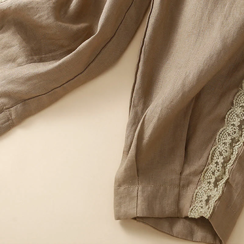 Buddha Stones Plain Lace Women's Harem Cotton Linen Pants With Pockets