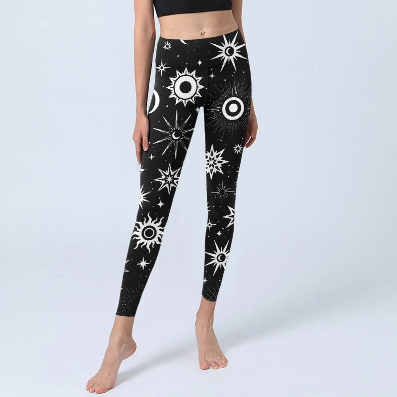 Buddha Stones Sun Moon Star Pattern Print Gym Leggings Women's Yoga Pants