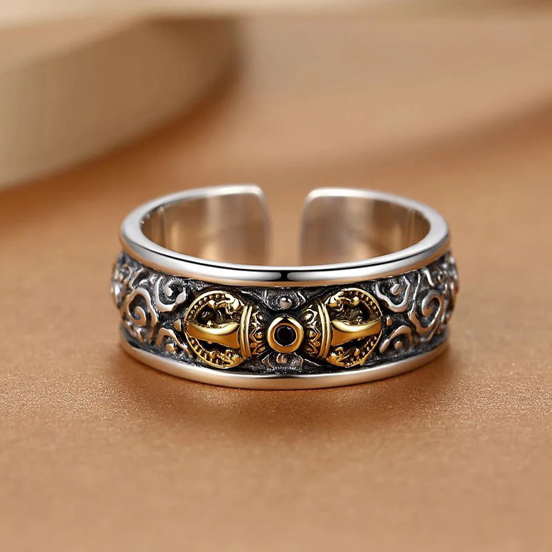 Buddha Stones Vintage Tibetan Vajra Auspicious Clouds Pattern Copper Plated Silver Balance Ring