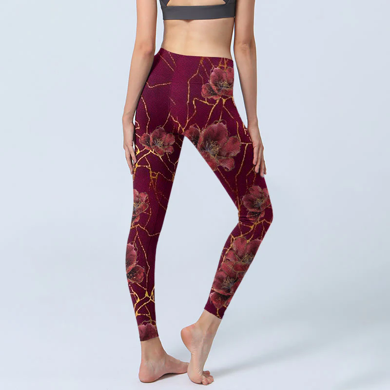 Buddha Stones Red Petals Golden Lines Pattern Print Gym Leggings Women's Yoga Pants