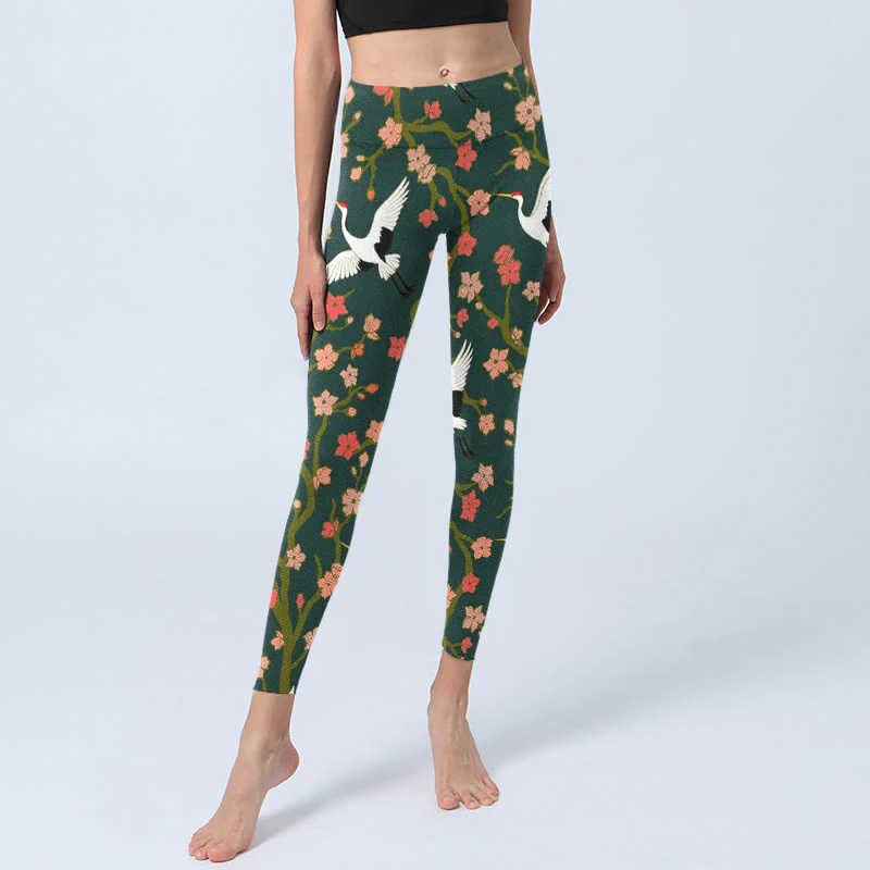 Buddha Stones White Red-crowned Cranes Red Orange Flower Trees Print Gym Leggings Women's Yoga Pants