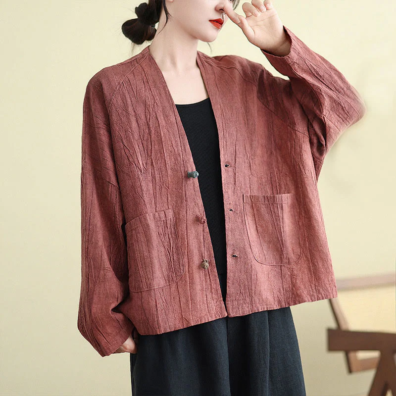 Buddha Stones Plain Long Sleeve Women's Cotton Linen Jacket With Pockets