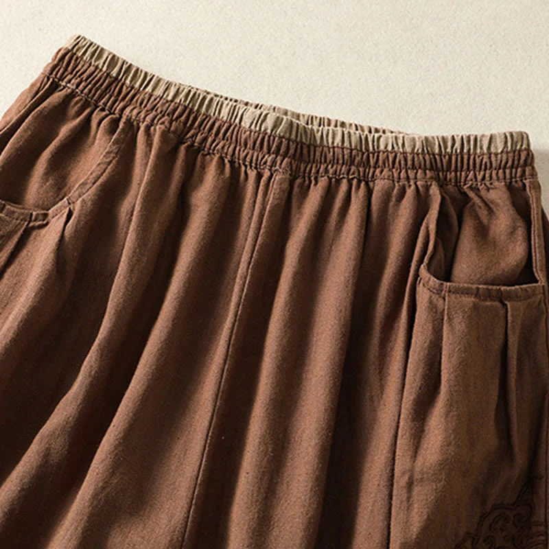 Buddha Stones Casual Embroidery Women's Cotton Linen 7-8 Length Harem Pants With Pockets