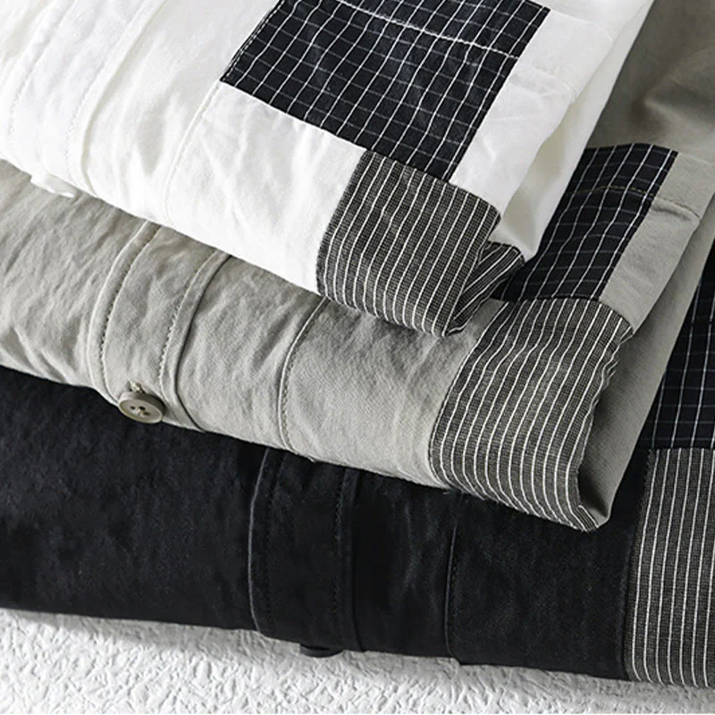 Buddha Stones Spring Daily Line Patchwork Design Lapel Men's Long Sleeve Cotton Linen Shirt With Pockets