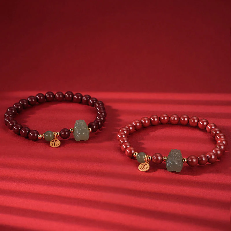 Buddha Stones 925 Sterling Silver Year of the Dragon Natural Cinnabar Hetian Jade Dragon Fu Character Ruyi As One Wishes Charm Blessing Bracelet