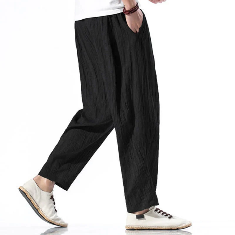 Buddha Stones Casual Plain Pleated Design Drawstring Men's Long Cotton Linen Harem Pants With Pockets