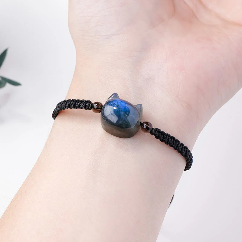 Buddha Stones Natural Labradorite Cute Cat Head Black Rope Healing Bracelet