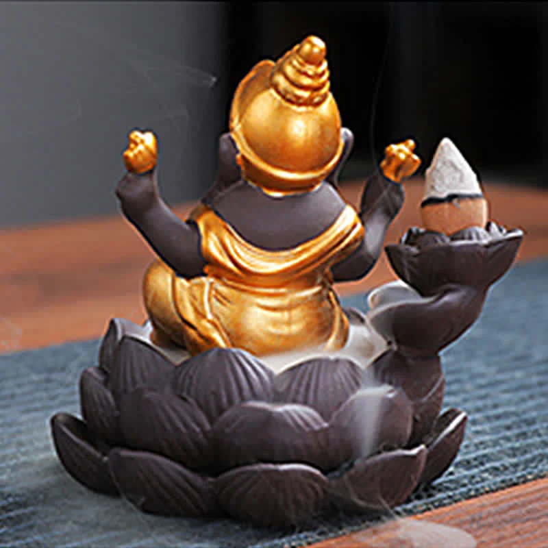 Buddha Stones Ganesh Elephant Purple Clay Backflow Smoke Fountain Protection Incense Burner