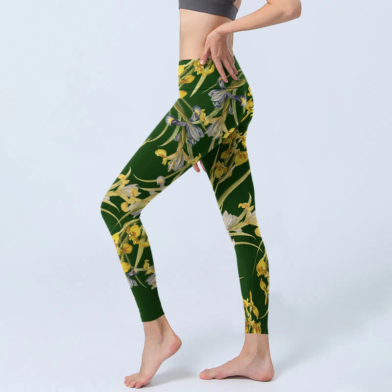 Buddha Stones Green Iris Pattern Print Gym Leggings Women's Yoga Pants