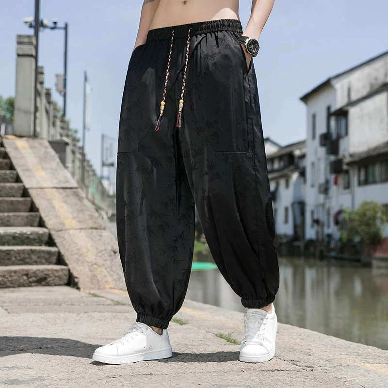 Buddha Stones Summer Ice Silk Jacquard Bamboo Pattern Men's Drawstring Cotton Pants With Pockets