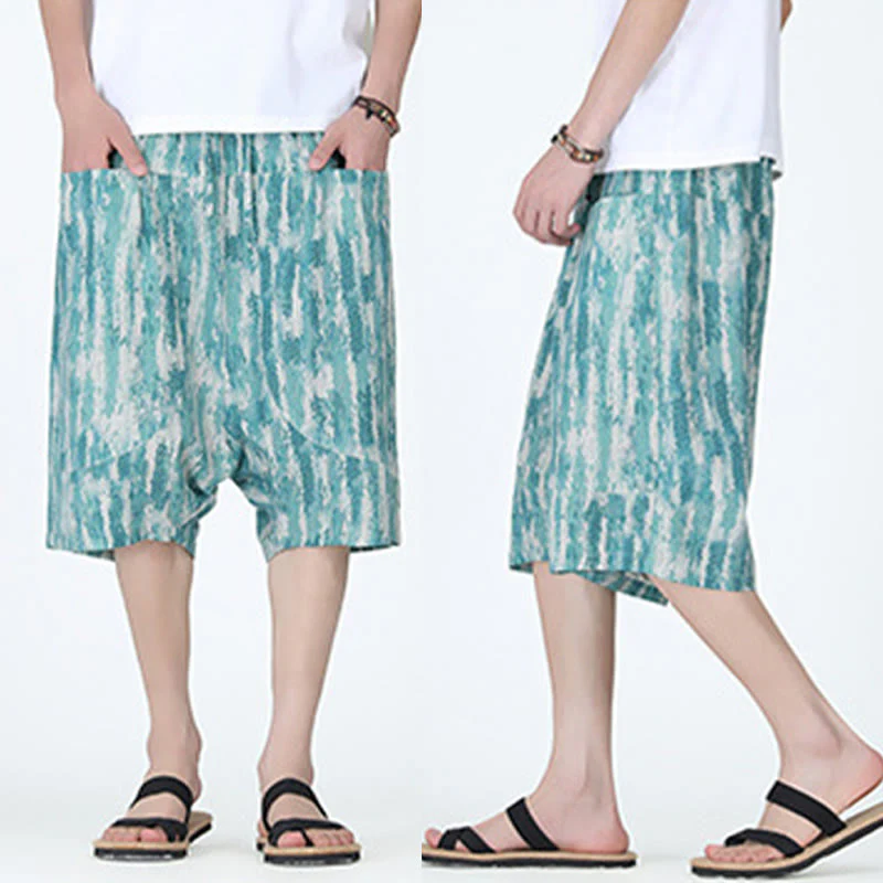 Buddha Stones Summer Stripes Cotton Linen Men's Capri Pants With Pockets