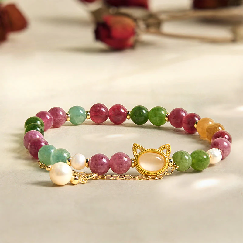 Buddha Stones Colorful Tourmaline Lucky Cat Positive Bracelet