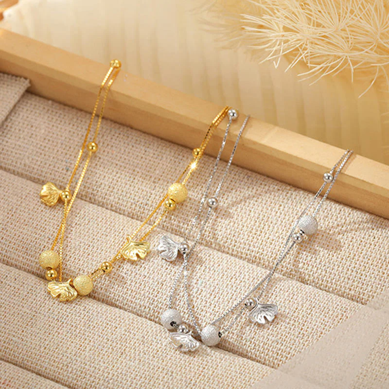 Buddha Stones 925 Sterling Silver Ginkgo Leaf Double Layer Protection Anklet