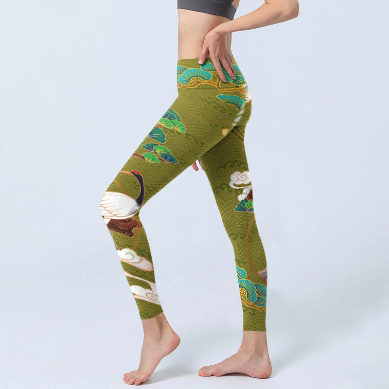Buddha Stones Flying Cranes Auspicious Clouds Trees Print Gym Leggings Women's Yoga Pants