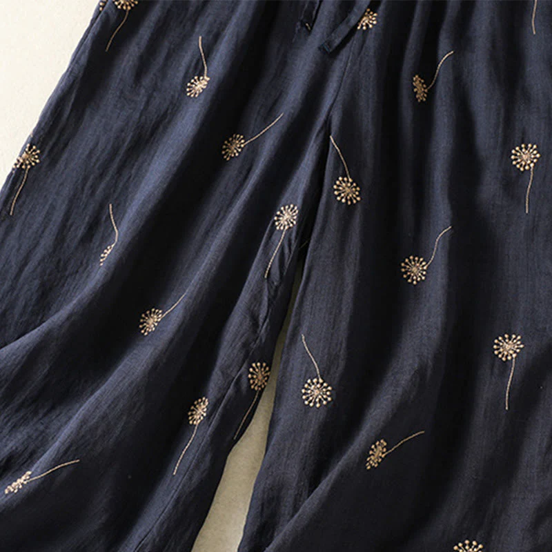 Buddha Stones MidnightBlue Commute Casual Dandelion Pattern Women's Wide Leg Cotton Linen Pants