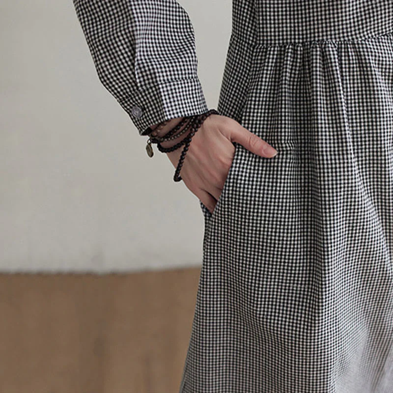 Buddha Stones Small Grid Pattern Cotton Linen Women's Midi Dress With Pockets