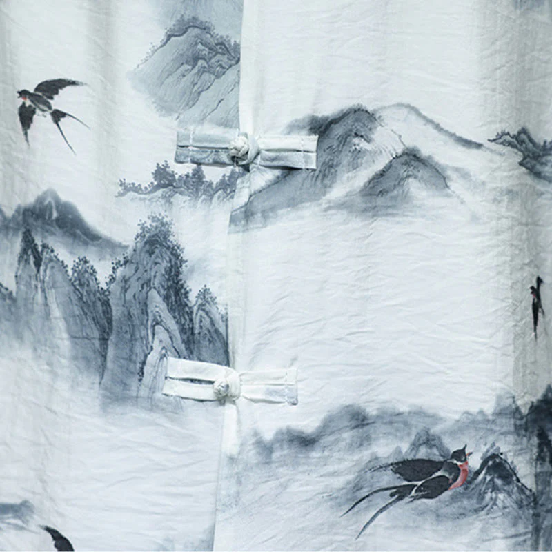 Buddha Stones Ink Painting Mountains Chinese Frog-Button Tang Suit Men's Half Sleeve Cotton Linen Shirt