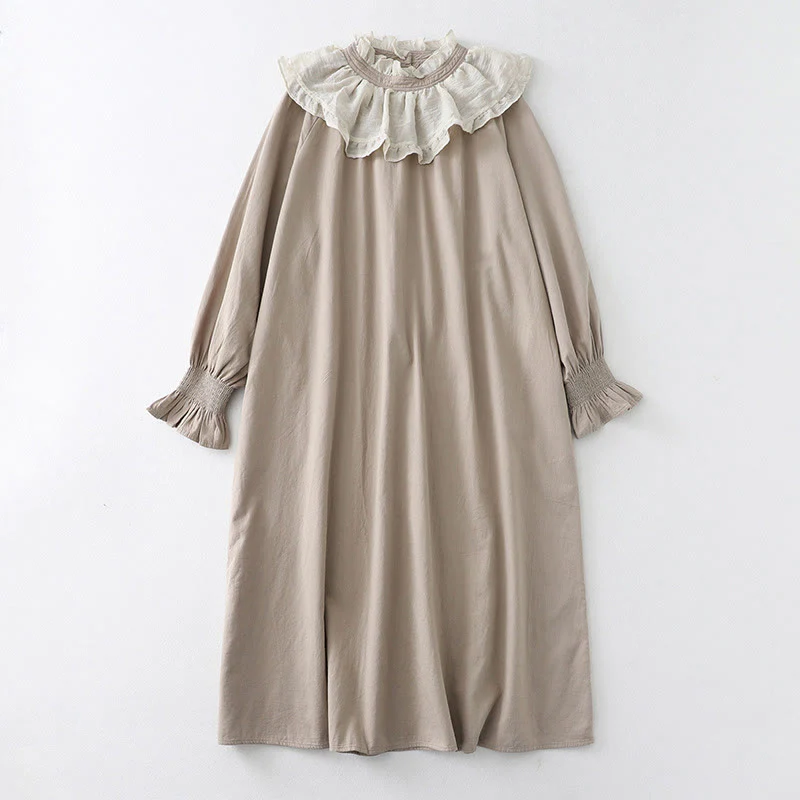 Buddha Stones Casual Ruffled Lace Patchwork Design Puff Sleeve Cotton Midi Dress With Pockets