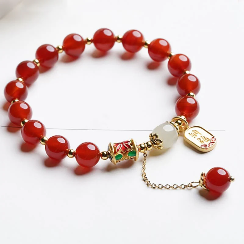 Buddha Stones Natural Red Agate Hetian Jade Fu Character Confidence Charm Bracelet (Extra 30% Off | USE CODE: FS30)