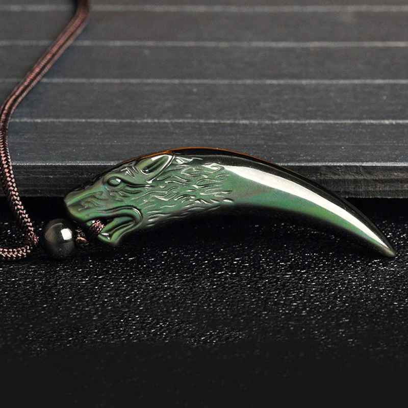 Buddha Stones Natural Black Obsidian Ice Obsidian Rainbow Obsidian Wolf Tooth Pattern Strength Necklace Pendant