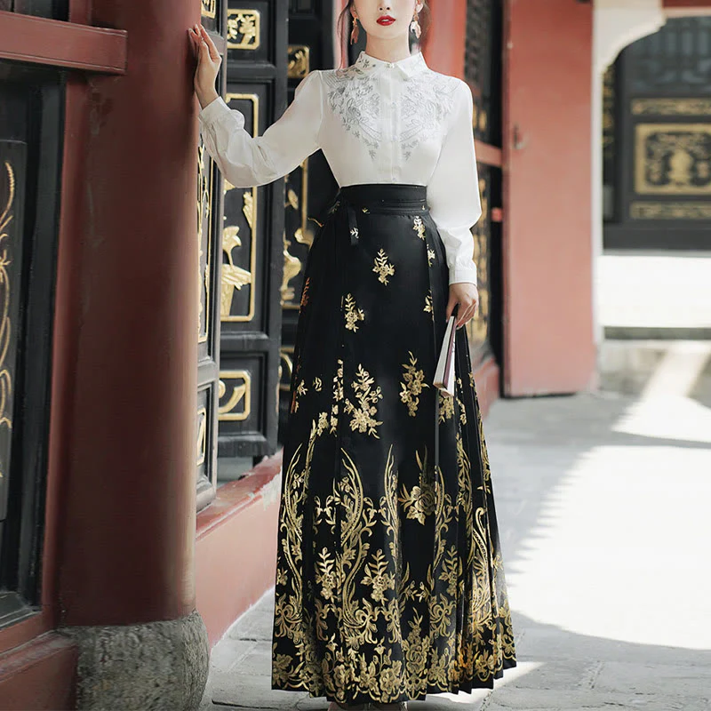 Buddha Stones Flowers Leaves Feathers Long Sleeve Shirt Top Chinese Hanfu Ming Dynasty Horse Face Skirt Mamianqun Skirt