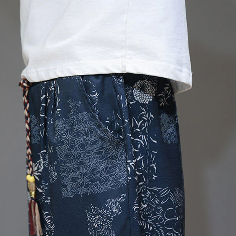 Buddha Stones Summer Bamboo Leaves Flowers Cotton Linen Men's Capri Pants With Pockets
