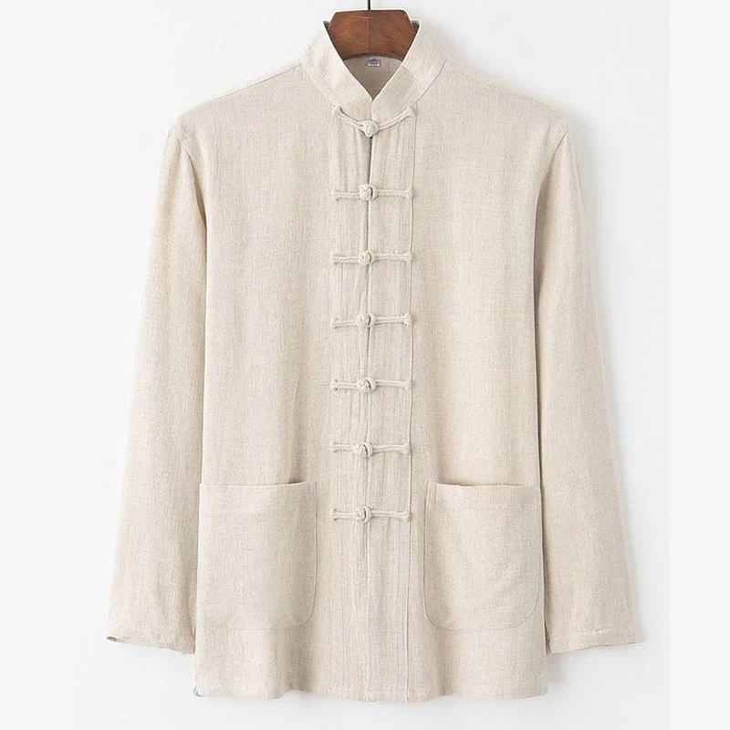 Buddha Stones 2Pcs Tang Suit Frog-Button Long Sleeve Shirt Pants Linen Cotton Men's Set