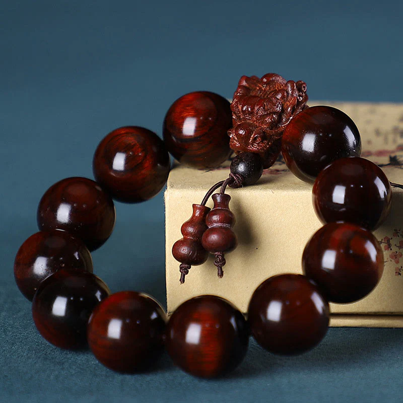 Buddha Stones Rosewood Green Sandalwood Small Leaf Red Sandalwood Dragon Carved Protection Bracelet